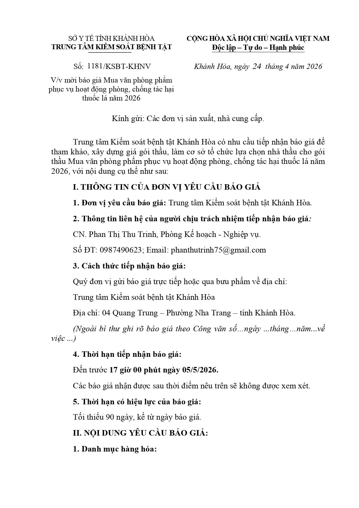 V/v mời báo giá Mua văn phòng phẩm  phục vụ hoạt động phòng, chống tác hại  thuốc lá năm 2026